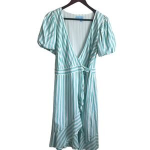 Draper James Women RSVP Wrap‎ Dress S Aqua Striped Preppy Flirty Coastal Beachy